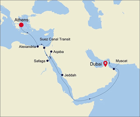 Athens Piraeus to Dubai via Suez Canal Jeddah Muscat